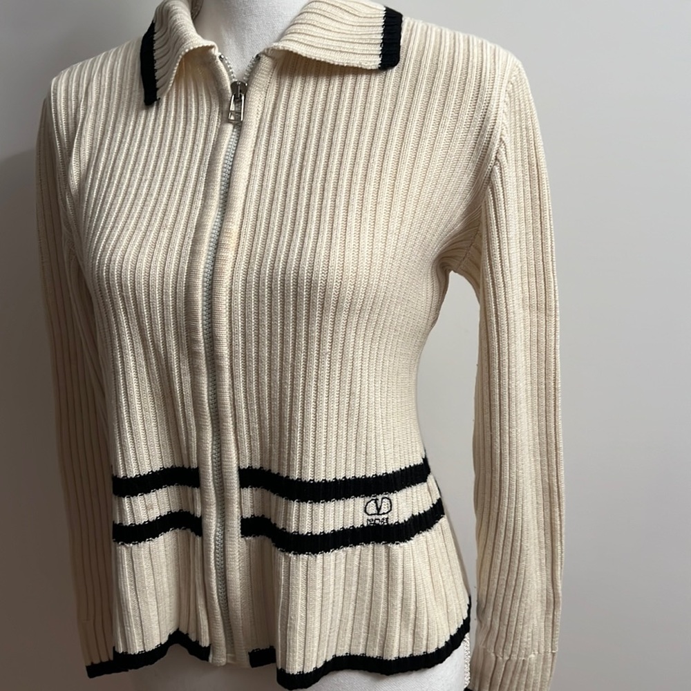 Valentino Cream and Black Ribbed Cardigan